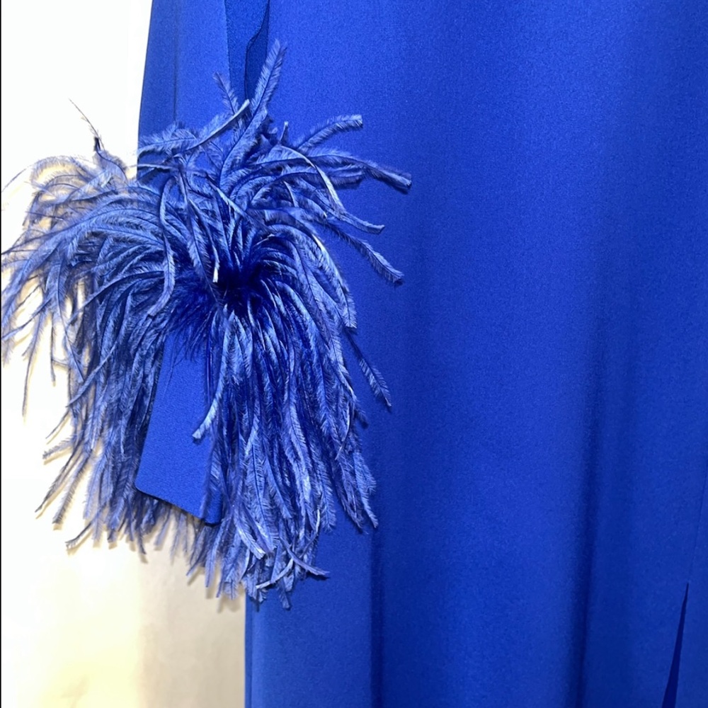 16arlington Blue Midi Dress Feather Trim 6 Wedding Guest Cocktail Formal Nwt — image 7 of 8